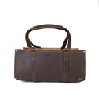 Range and Tool Tote in Dark Coffee Brown leather with strap-wrapped body and twin handles, front view