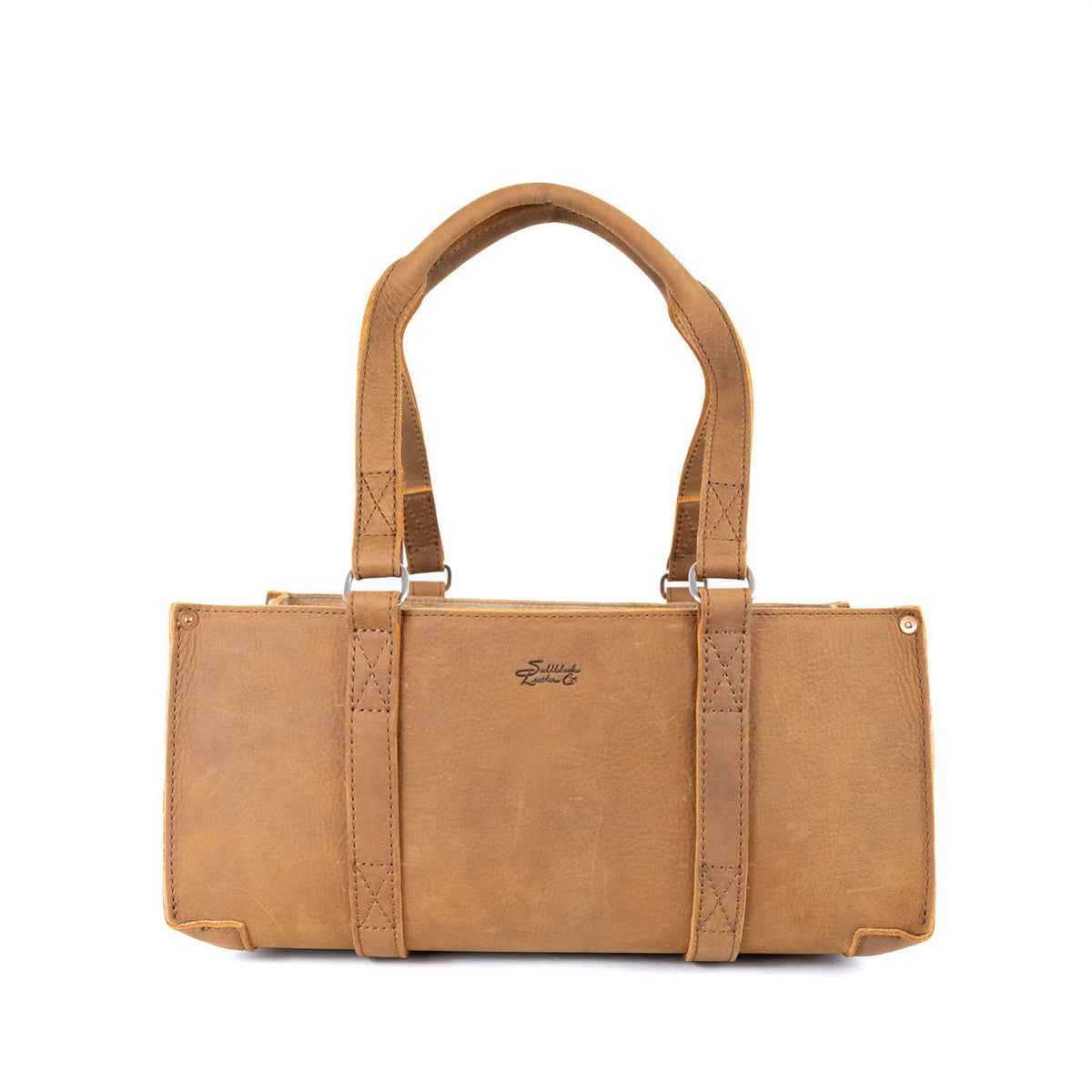 Range and Tool Tote in Tobacco leather with strap-wrapped body and twin handles, front view