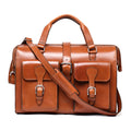 Blackstone Barrister Briefcase in English Tan, front view with two buckled pockets and shoulder strap