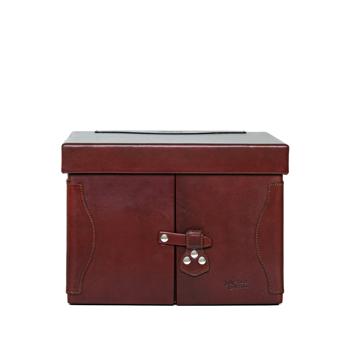 Churchill Case in Oxblood, closed front view showing the lid and latched double doors