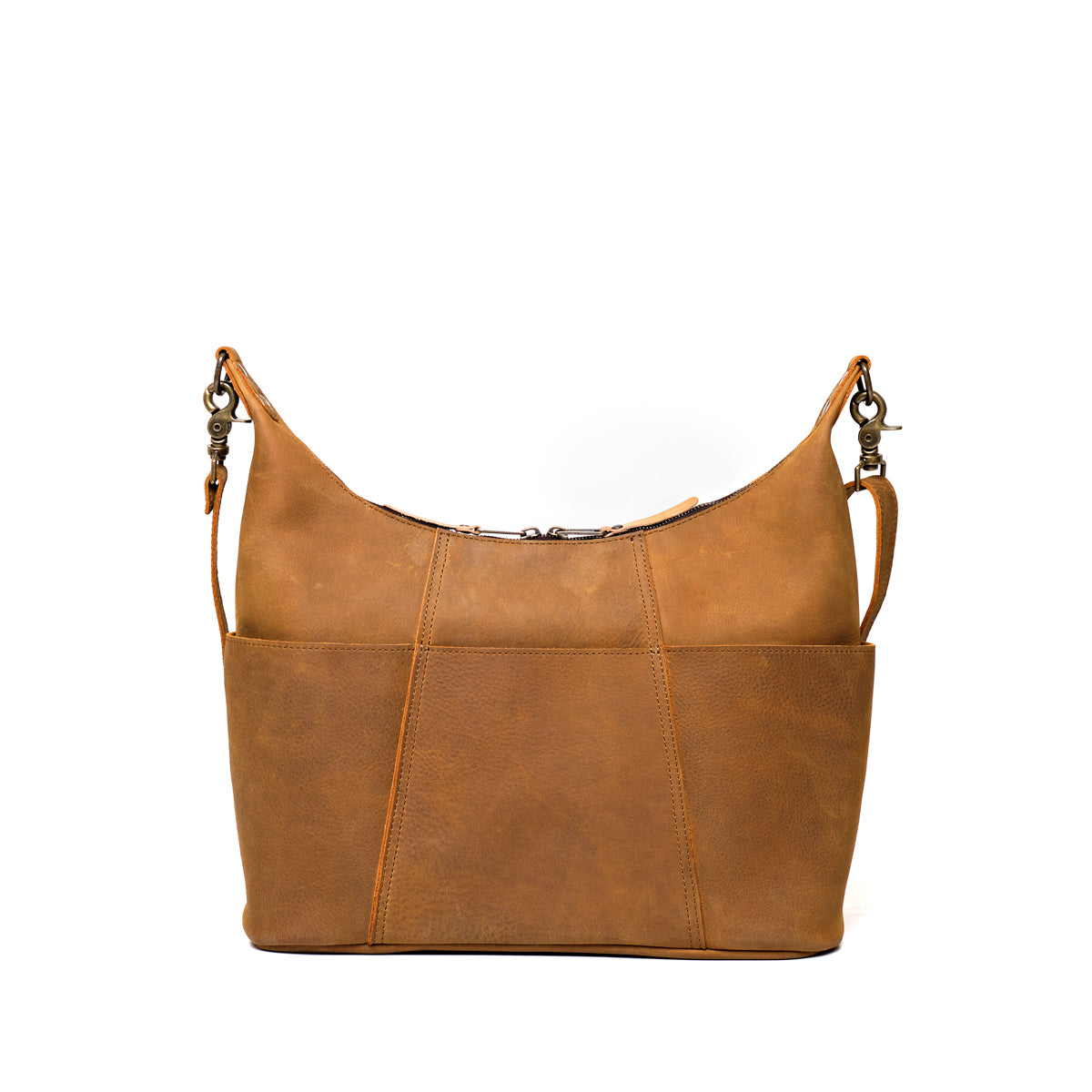 Women's Hobo Organizer Bag in Tobacco, back view with exterior pockets and strap clips