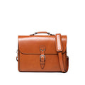 Livingstone Briefcase in English Tan, front view with buckled flap, top handle and shoulder strap