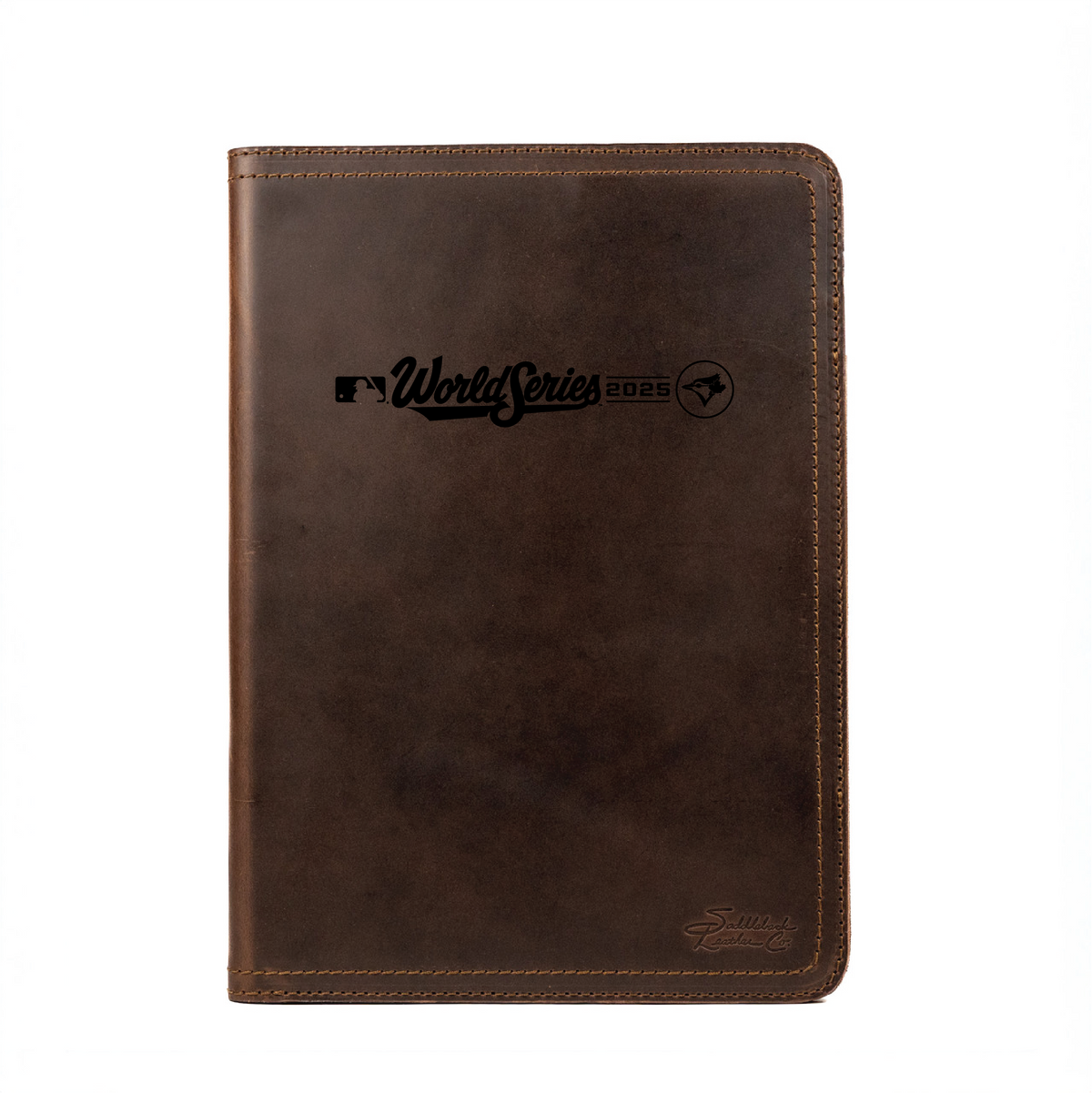 Leather Journal Cover - Toronto Blue Jays World Series in Dark Coffee Brown, closed front printed with World Series 2025 logo