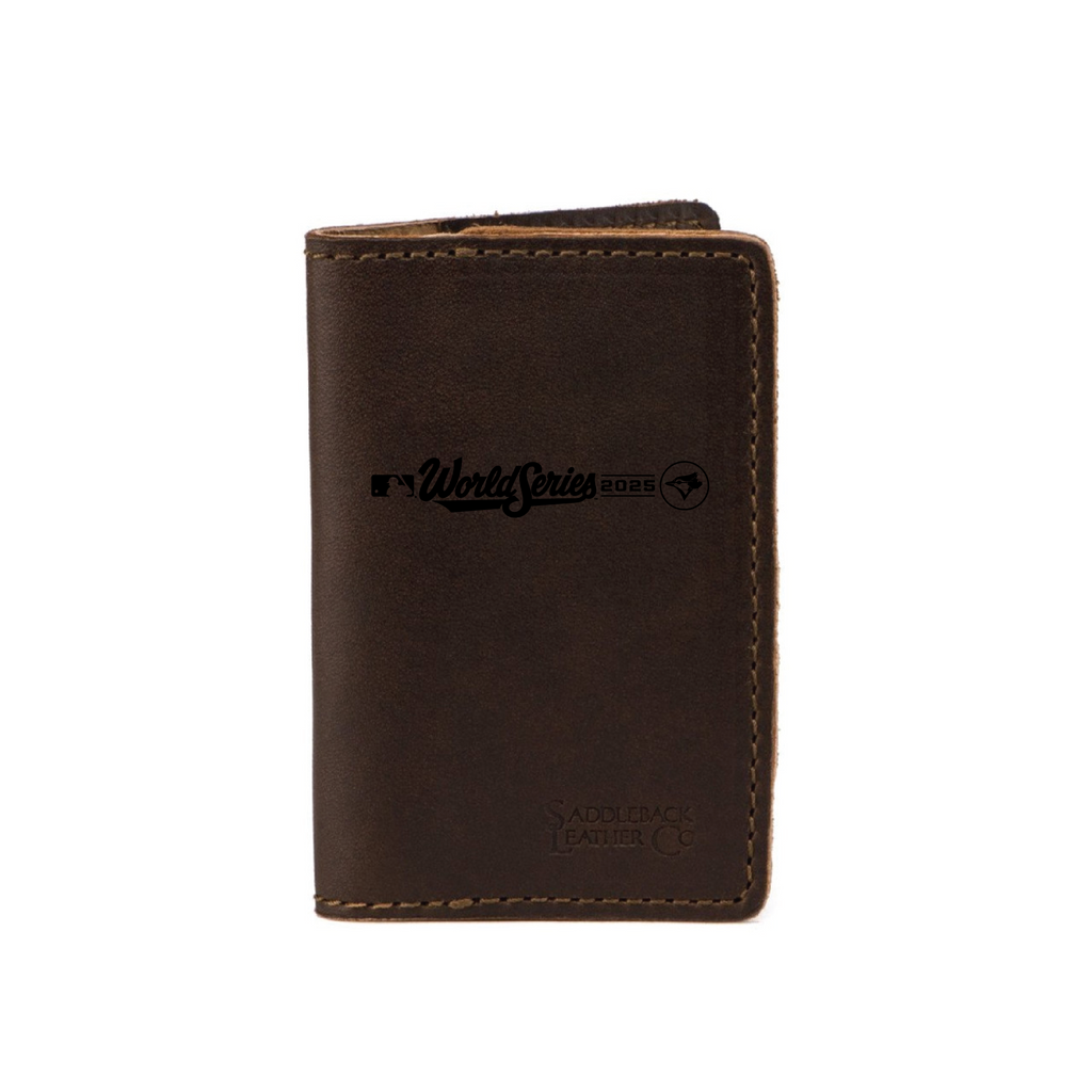 Leather Business Card Holder - Toronto Blue Jays World Series in Dark Coffee Brown, printed World Series 2025 logo
