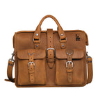 Flight Bag Leather Briefcase - Los Angeles Dodgers in Tobacco, front view with embossed team logo and buckled pockets