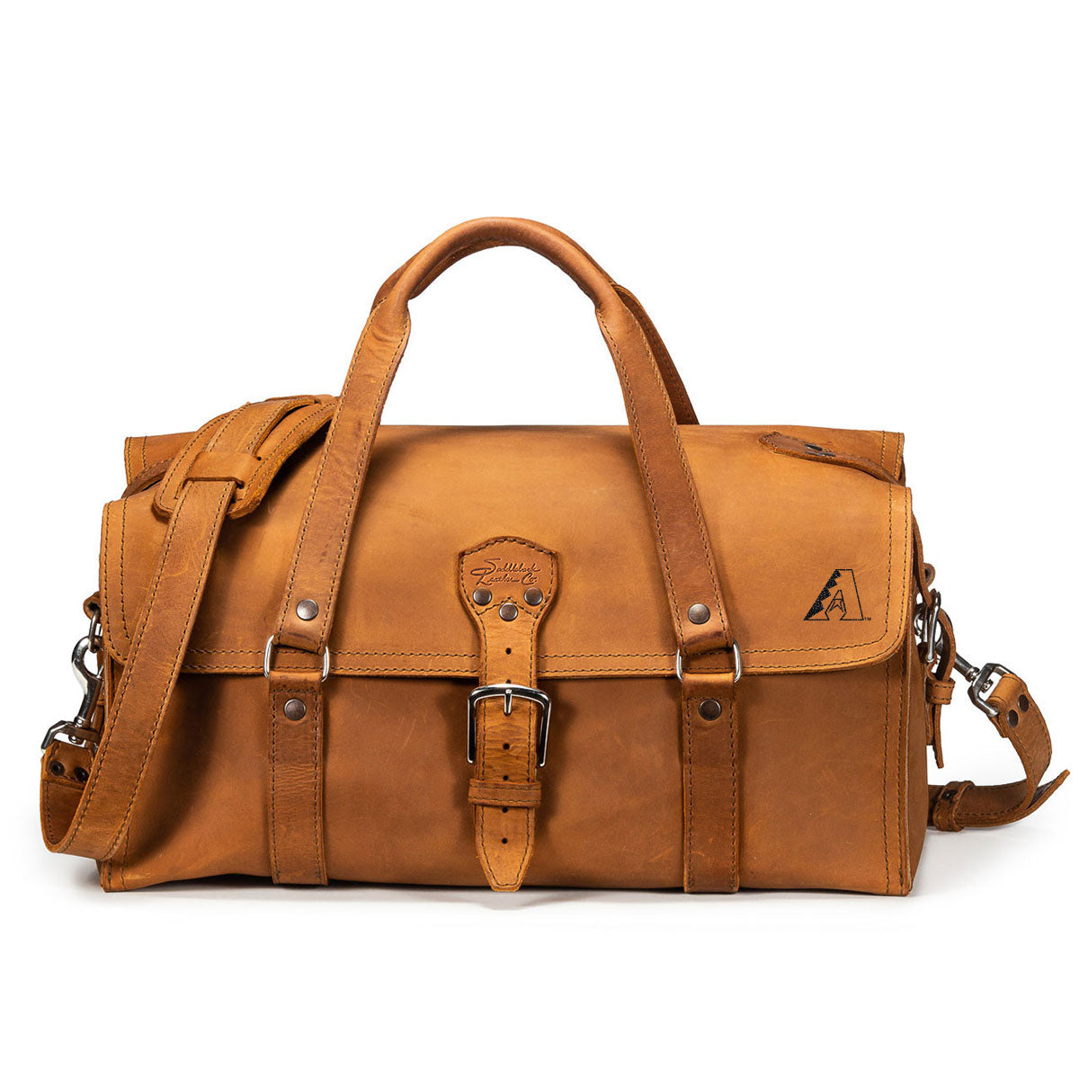 20" Baby Beast Duffle Bag in Tobacco with Arizona Diamondbacks logo, front view with shoulder strap