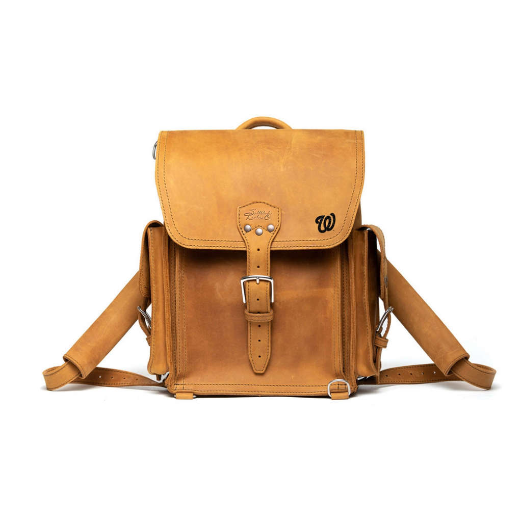 Tank Backpack - Washington Nationals in Tobacco, front view with embossed Nationals logo and buckled flap
