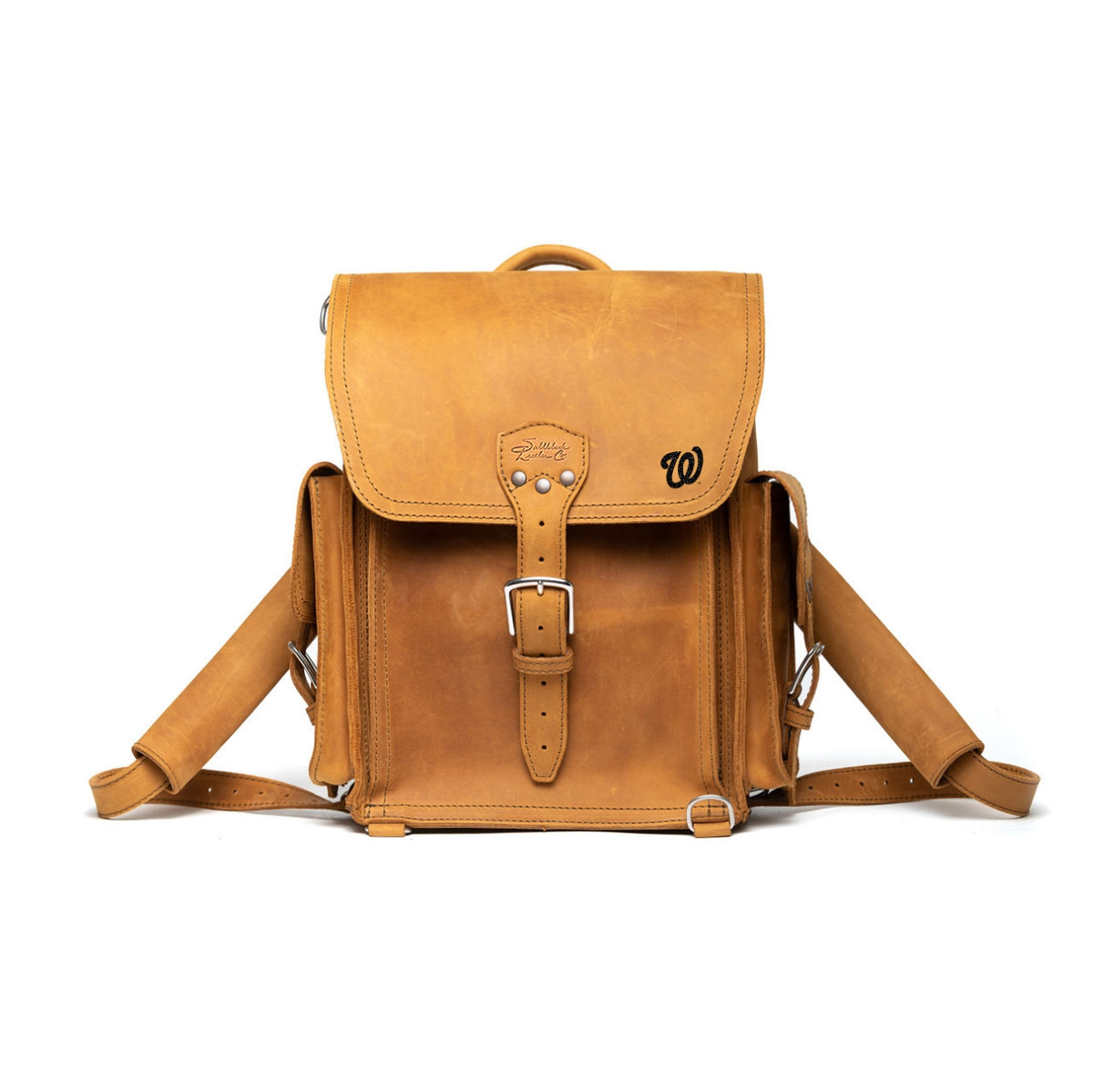 Tank Backpack - Washington Nationals in Tobacco, front view with embossed Nationals logo and buckled flap