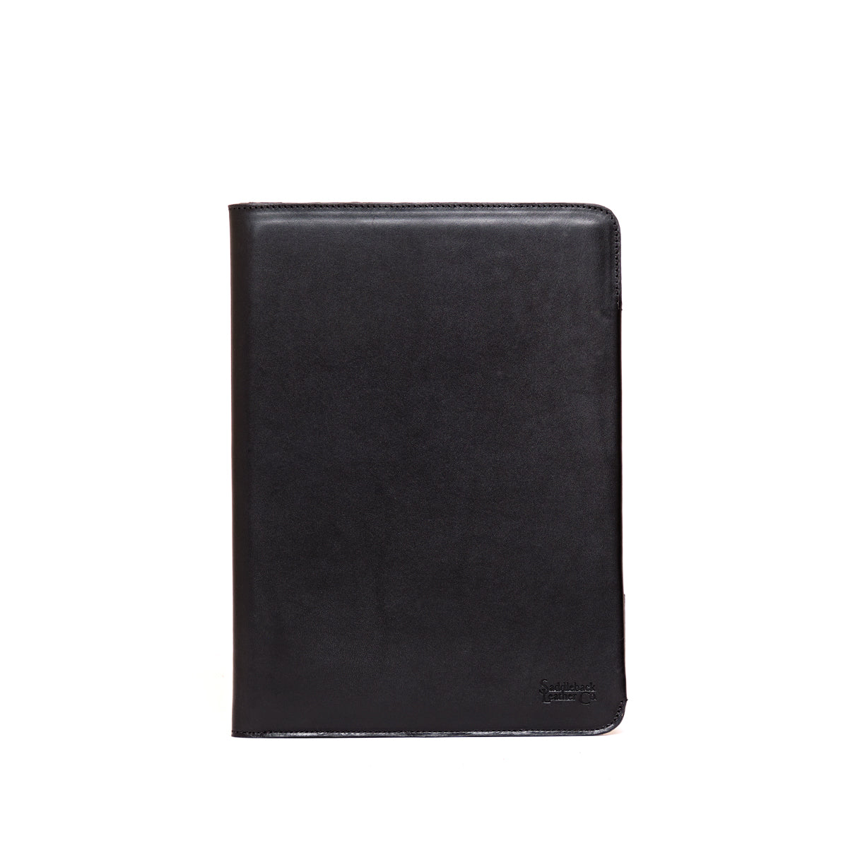 C.S. Lewis Medium Portfolio in Raven Black, closed front view with debossed logo