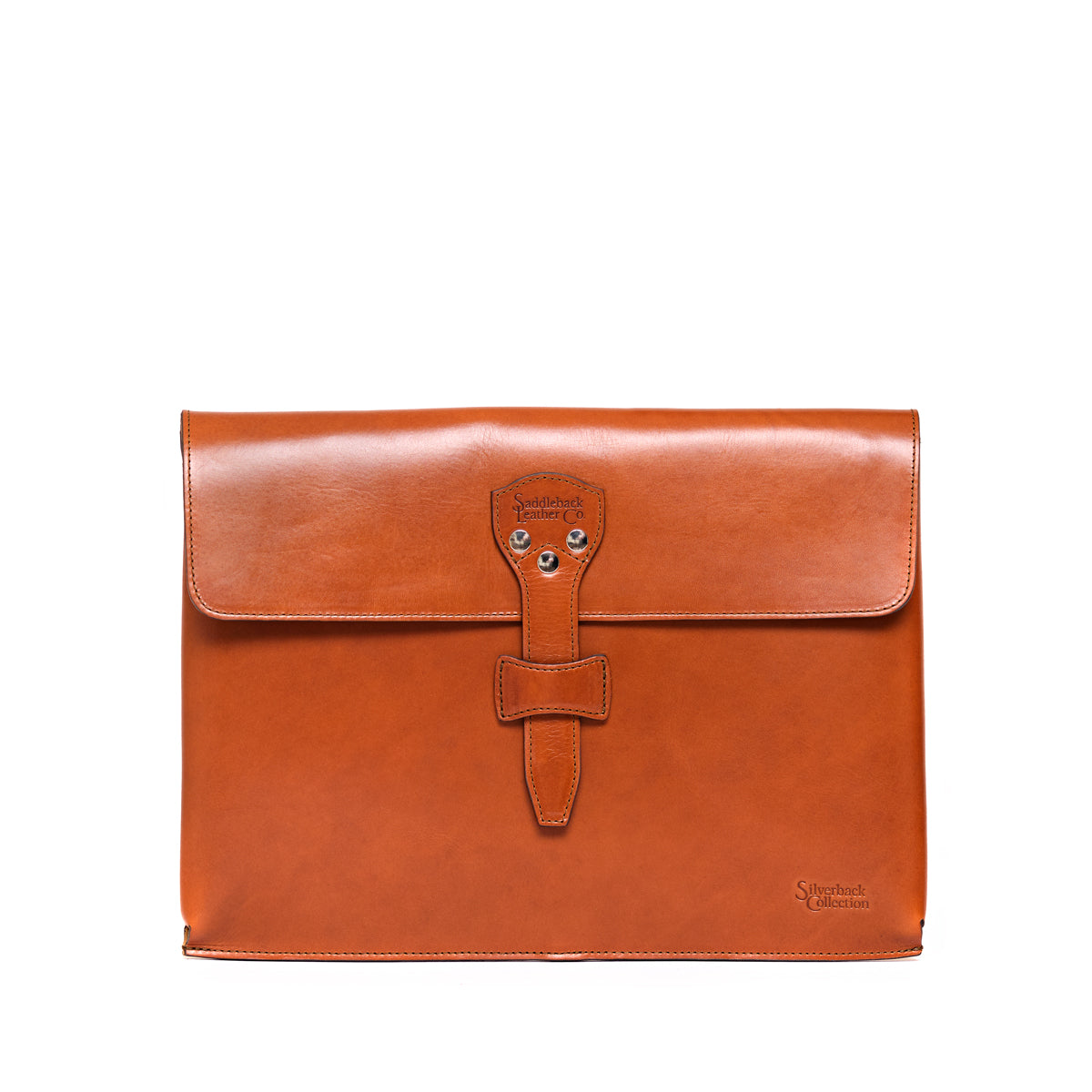 Silverback Document Holder in English Tan, front view with flap and riveted tab closure