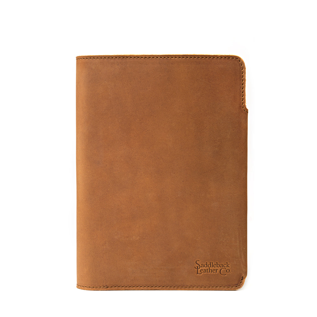 Medium Moleskin Cover in Tobacco, closed front view with stitched edges and debossed logo