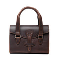 Double Handle Purse in Dark Coffee Brown, front view with twin top handles and riveted flap closure