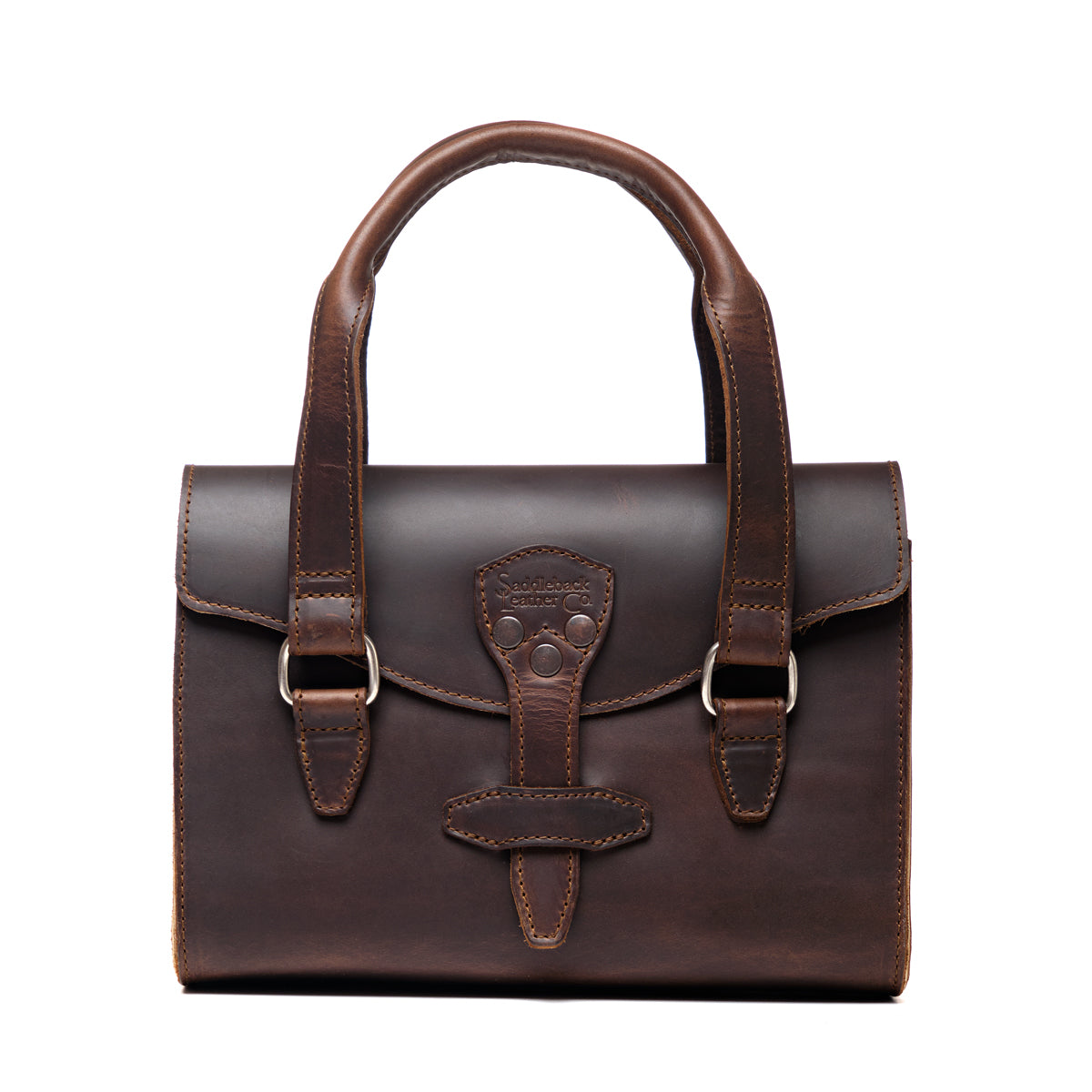 Double Handle Purse in Dark Coffee Brown, front view with twin top handles and riveted flap closure
