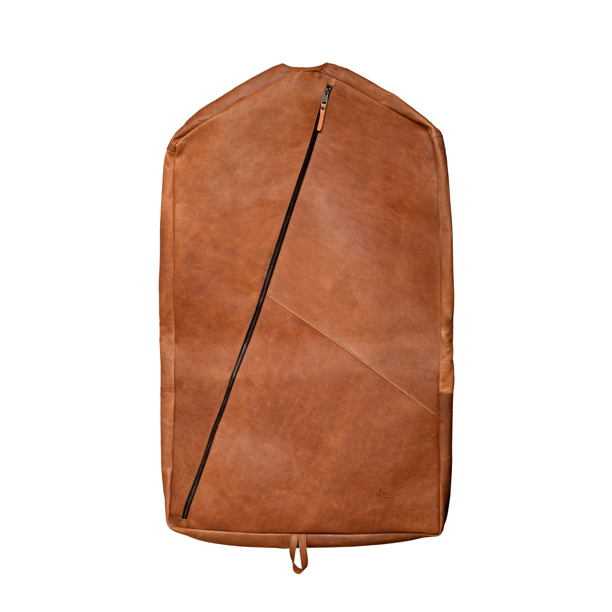 Garment Bag in Tobacco, front view laid flat with long diagonal zipper