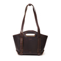 Original Tote in Dark Coffee Brown, front view with cutout handle and buckled shoulder straps