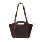 Original Tote in Dark Coffee Brown, front view with cutout handle and buckled shoulder straps