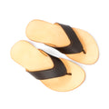 Pair of Flip Flops in Dark Coffee Brown leather with V-shaped thong straps and natural footbeds, angled view