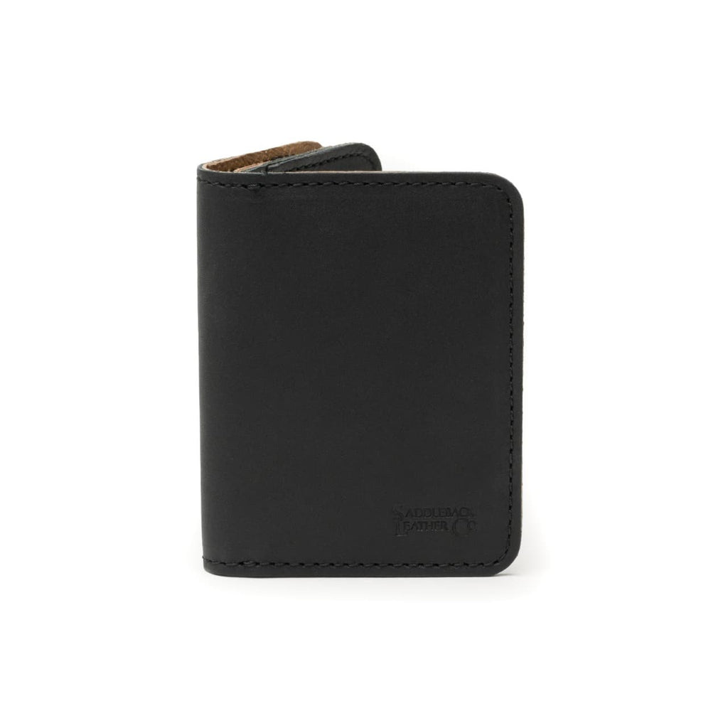 Leather Business Card Holder Wallet in Black, closed and standing upright, front view
