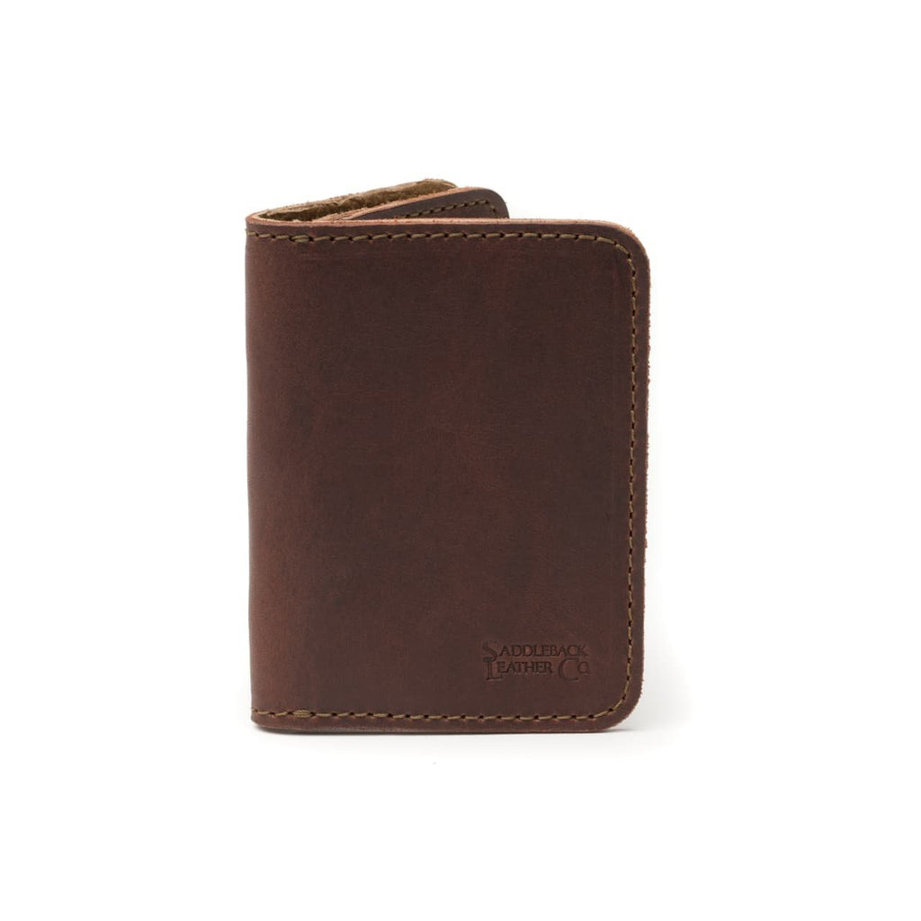 Leather Business Card Holder Wallet in Chestnut, closed and standing upright, front view