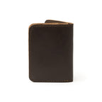 Leather Business Card Holder Wallet in Dark Coffee Brown, closed and standing upright, back view
