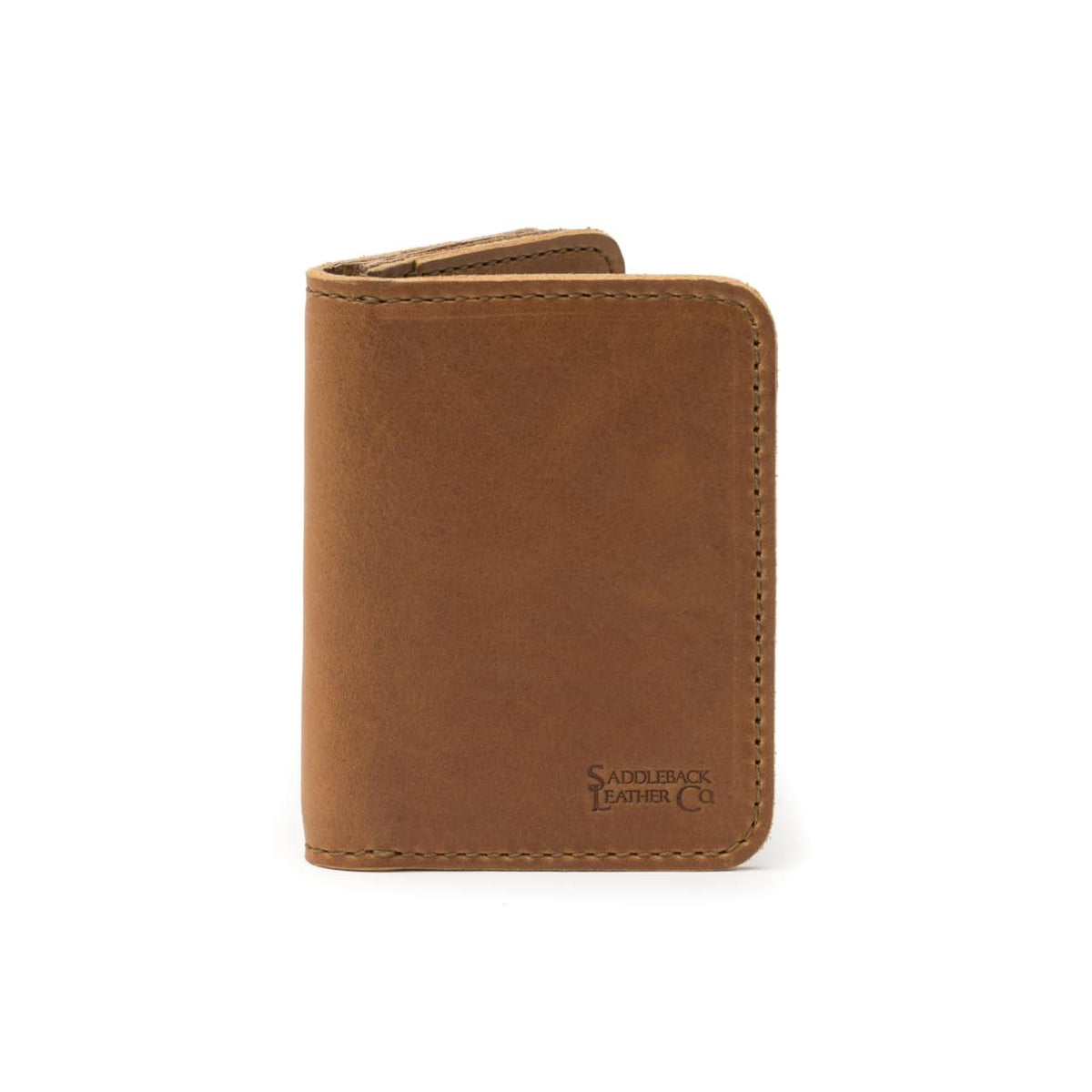 Leather Business Card Holder Wallet in Tobacco, closed and standing upright, front view