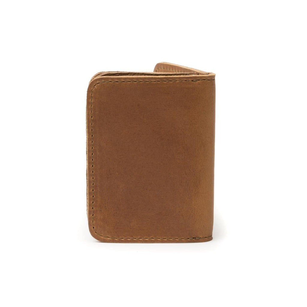 Leather Business Card Holder Wallet in Tobacco, closed and standing upright, back view