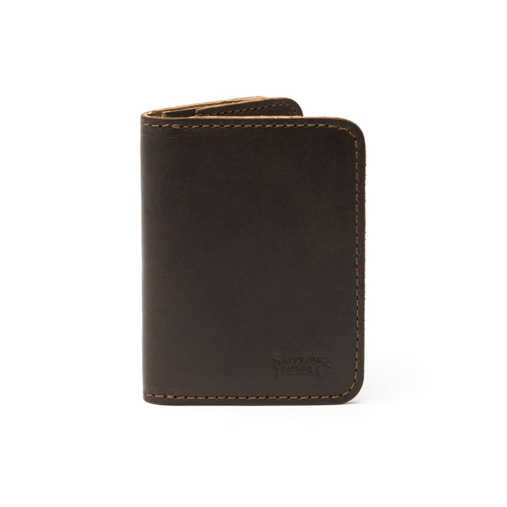 Leather Business Card Holder Wallet in Dark Coffee Brown, closed and standing upright, front view