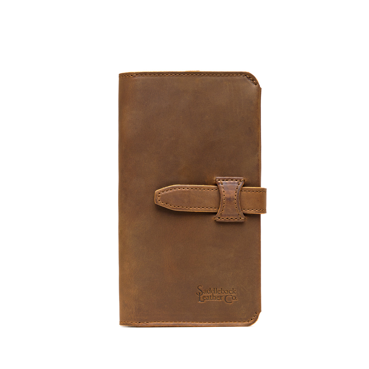 New Big Wallet in Tobacco, front view with leather strap closure and embossed logo