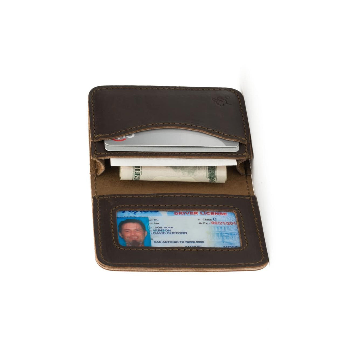 Leather Business Card Holder Wallet in Dark Coffee Brown, angled open view with cards, cash and ID window