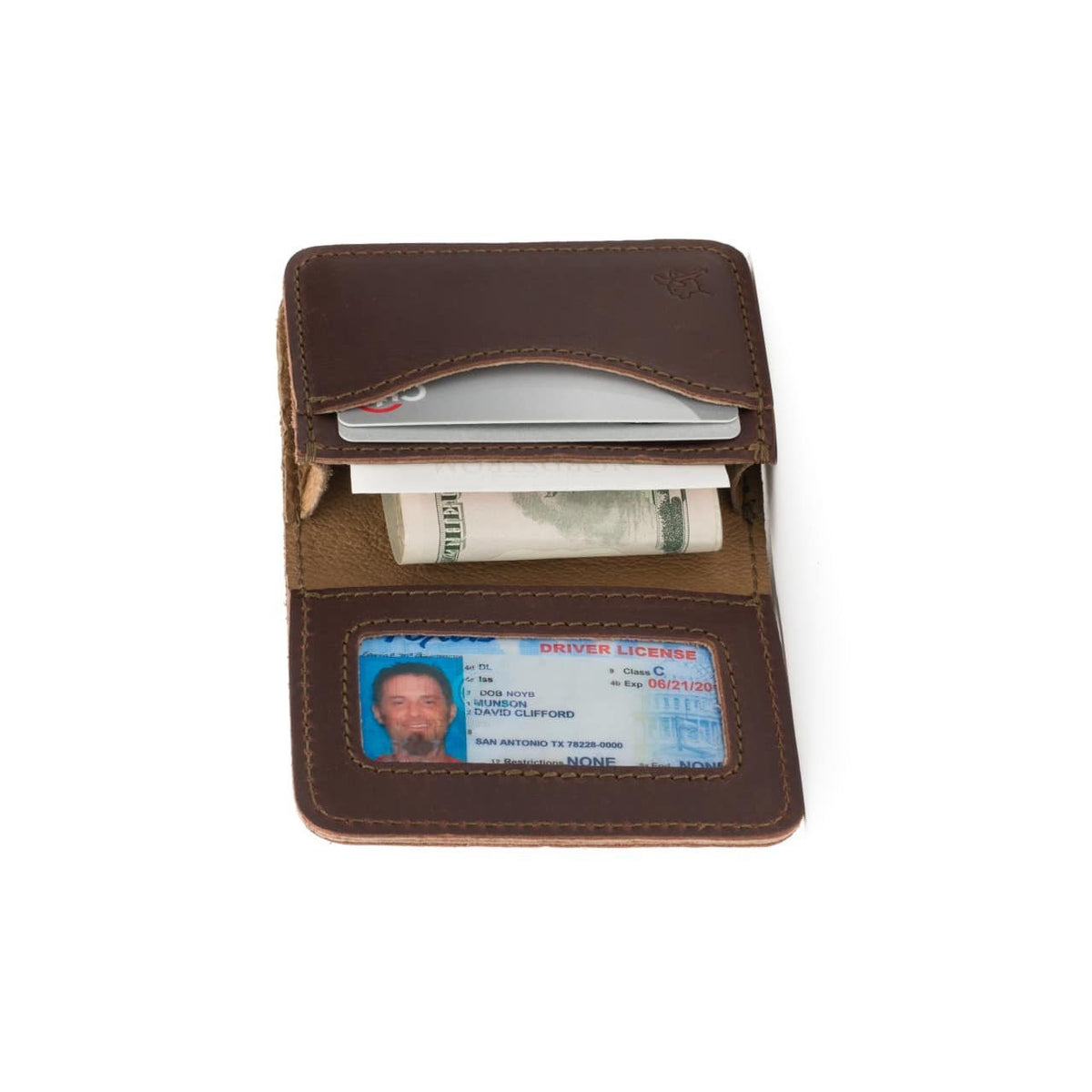 Leather Business Card Holder Wallet in Dark Coffee Brown opened to show cards, cash and the ID window