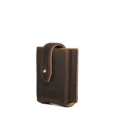 Leather Playing Cards Case in dark brown, angled front view with snap flap closure and embossed logo