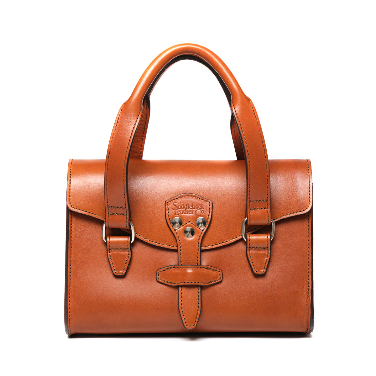 Double Handle Purse in English Tan, front view with twin top handles and latched front flap