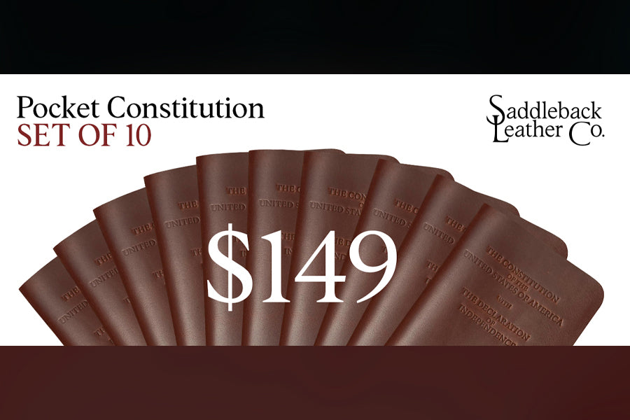 Pocket Declaration/Constitution Set of 10 in Chestnut fanned out, banner reading Pocket Constitution Set of 10, $149