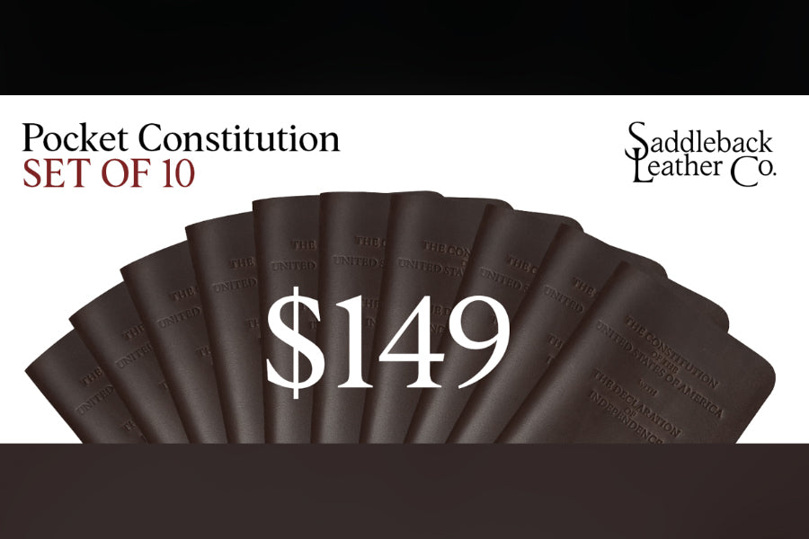Pocket Declaration/Constitution Set of 10 in Dark Coffee Brown fanned out, banner reading Pocket Constitution Set of 10, $149