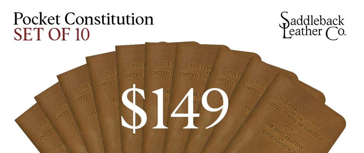 Pocket Declaration/Constitution Set of 10 in Tobacco fanned out, banner reading Pocket Constitution Set of 10, $149