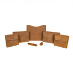 Auto Organizer Set in Tobacco, front view of organizer bags, seat gap filler, cupholder coasters and keychain