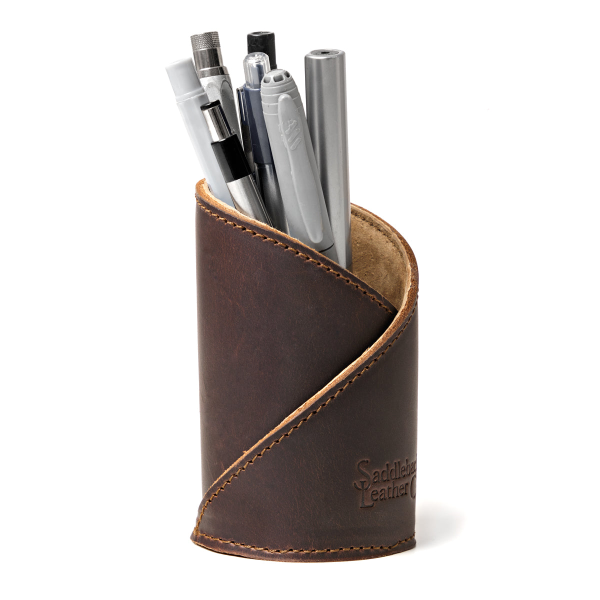 Pen Cup in Dark Coffee Brown leather with diagonal stitched wrap and embossed Saddleback Leather logo, holding pens