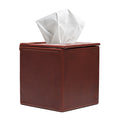 Tissue Box in Chestnut leather, angled front view with stitched edges and a tissue pulled from the top slot