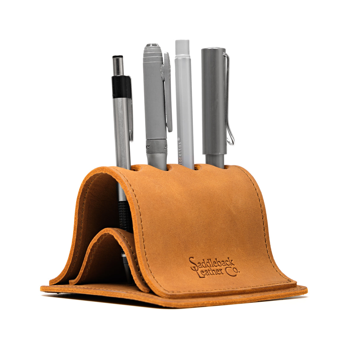Pen Holder Bell Curve in Tobacco leather, front view holding four pens with embossed Saddleback Leather Co. logo