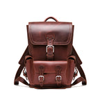 Small Front Pocket Backpack in Chestnut, front view showing the buckled flap, front pocket and shoulder straps