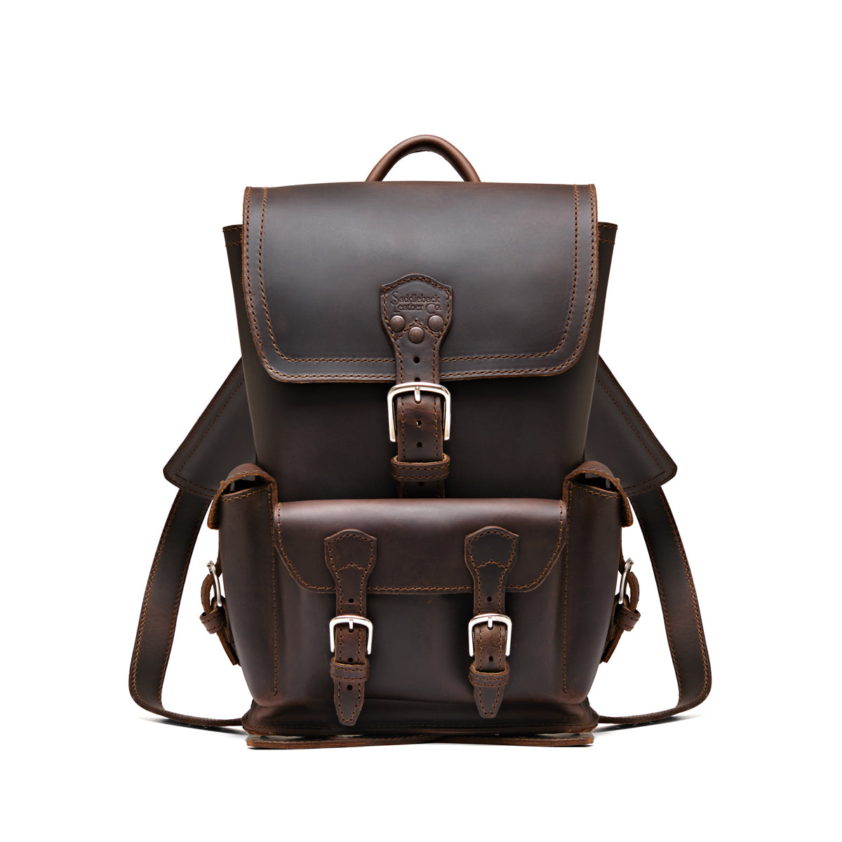 Small Front Pocket Backpack in Dark Coffee Brown, front view showing the buckled flap, front pocket and shoulder straps
