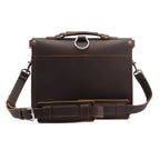Thin Front Pocket Leather Briefcase in Dark Coffee Brown, back view with shoulder strap and padded shoulder pad