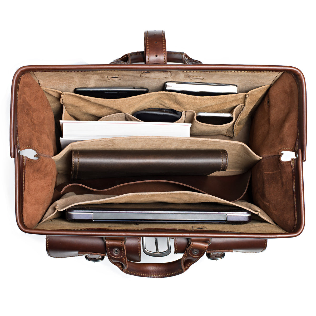 Barrister's Briefcase in Chestnut, top view open and packed with a laptop, notebook, phone and leather case