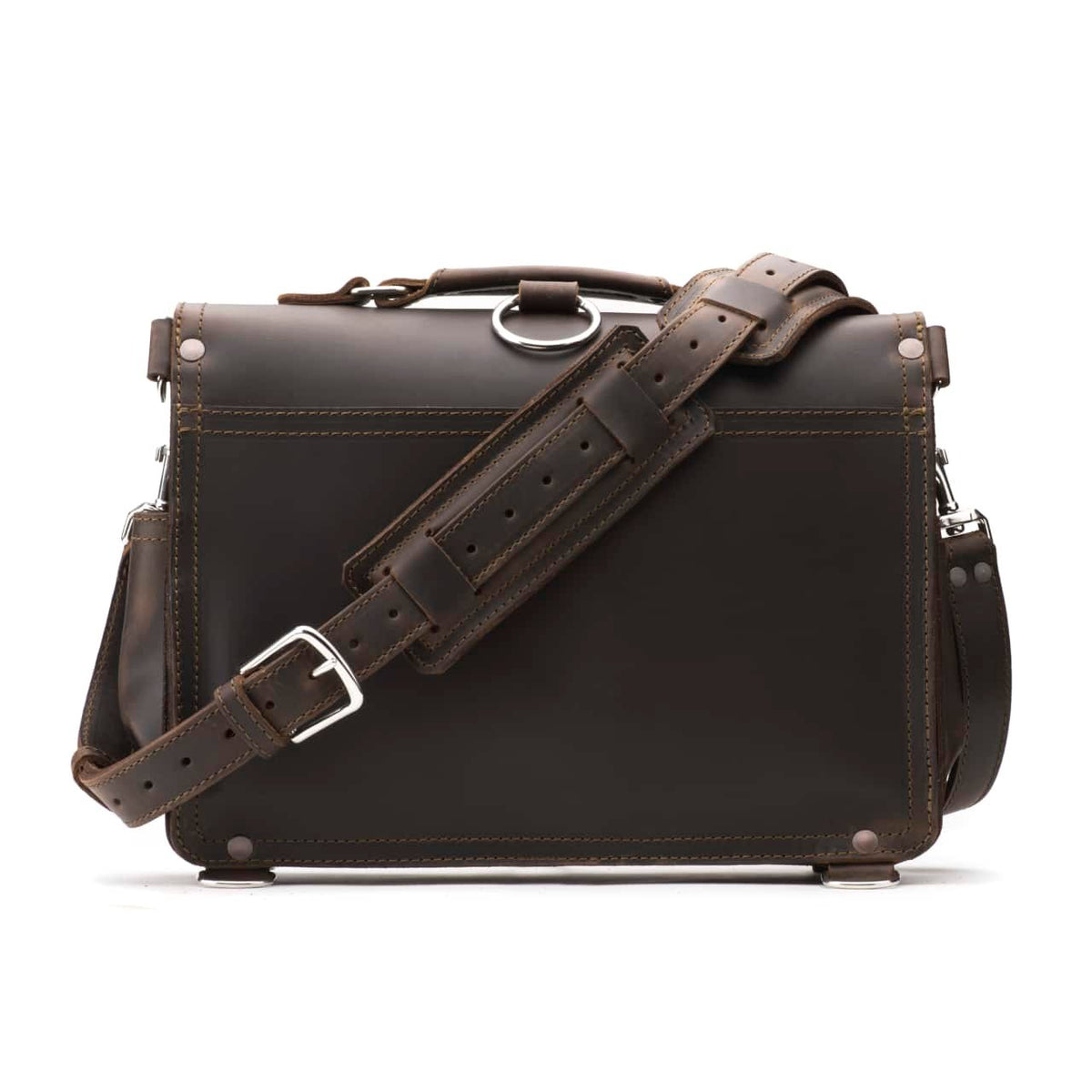 Slim Leather Briefcase in Dark Coffee Brown, back view with padded shoulder strap and luggage handle pass-through