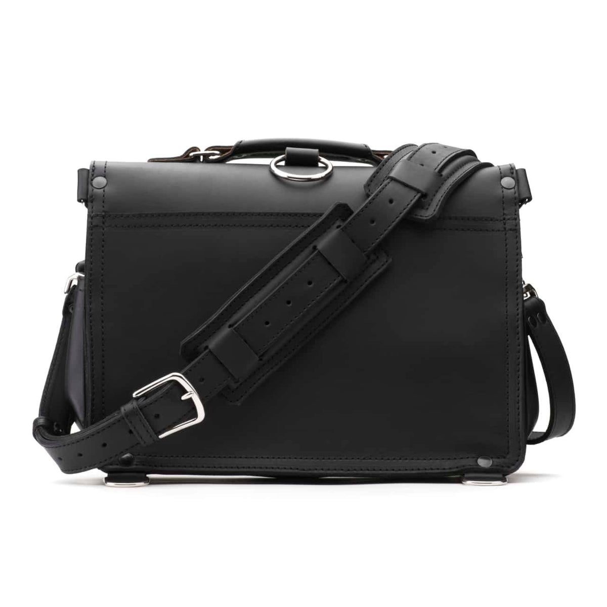 Slim Leather Briefcase in Black, back view with padded shoulder strap and luggage handle pass-through