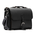 Slim Leather Briefcase in Black, angled front view with buckled flap, top handle and shoulder strap