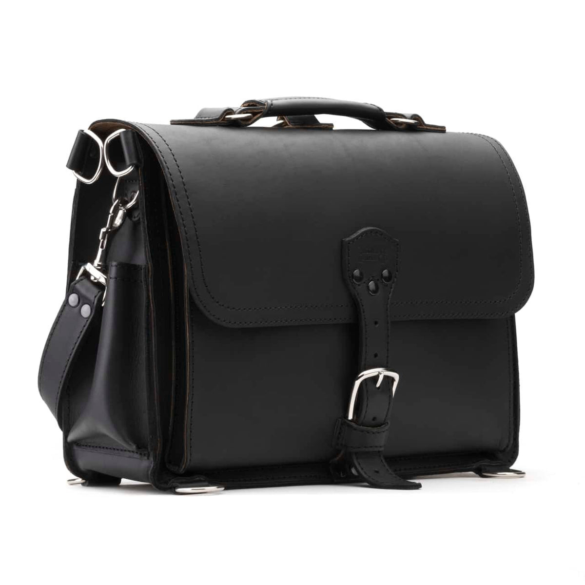 Slim Leather Briefcase in Black, angled front view with buckled flap, top handle and shoulder strap