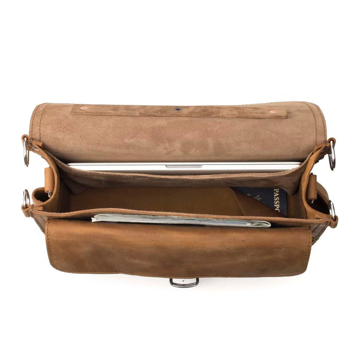Slim Leather Briefcase in Tobacco, top view open showing a laptop, passport and papers inside