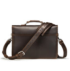 Fourteener Thin Leather Briefcase in Dark Coffee Brown, back view with top handle and shoulder strap