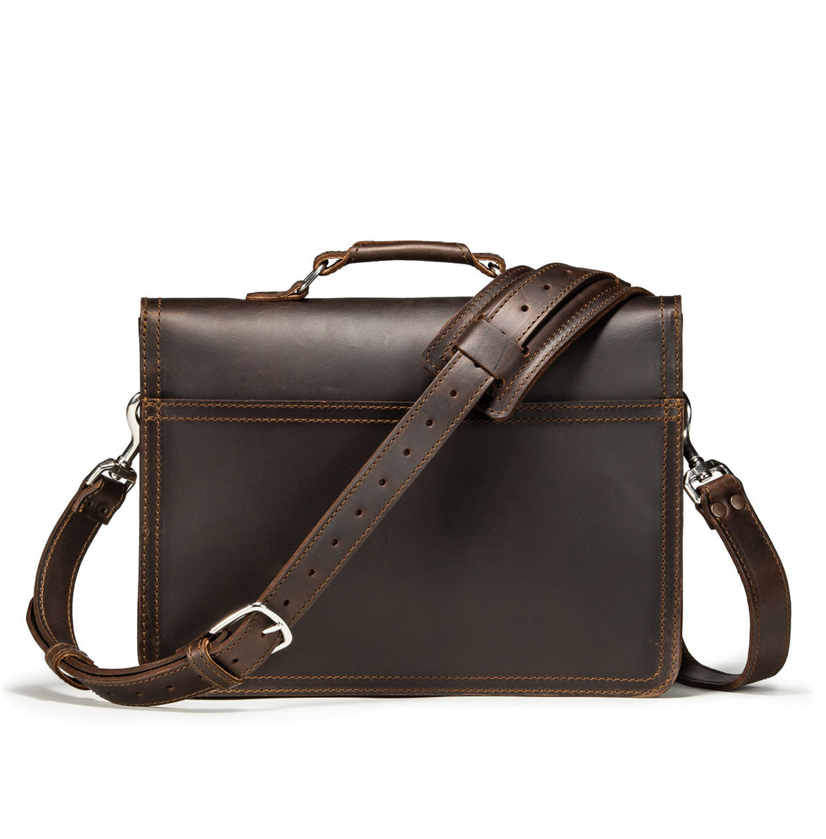 Fourteener Thin Leather Briefcase in Dark Coffee Brown, back view with top handle and shoulder strap